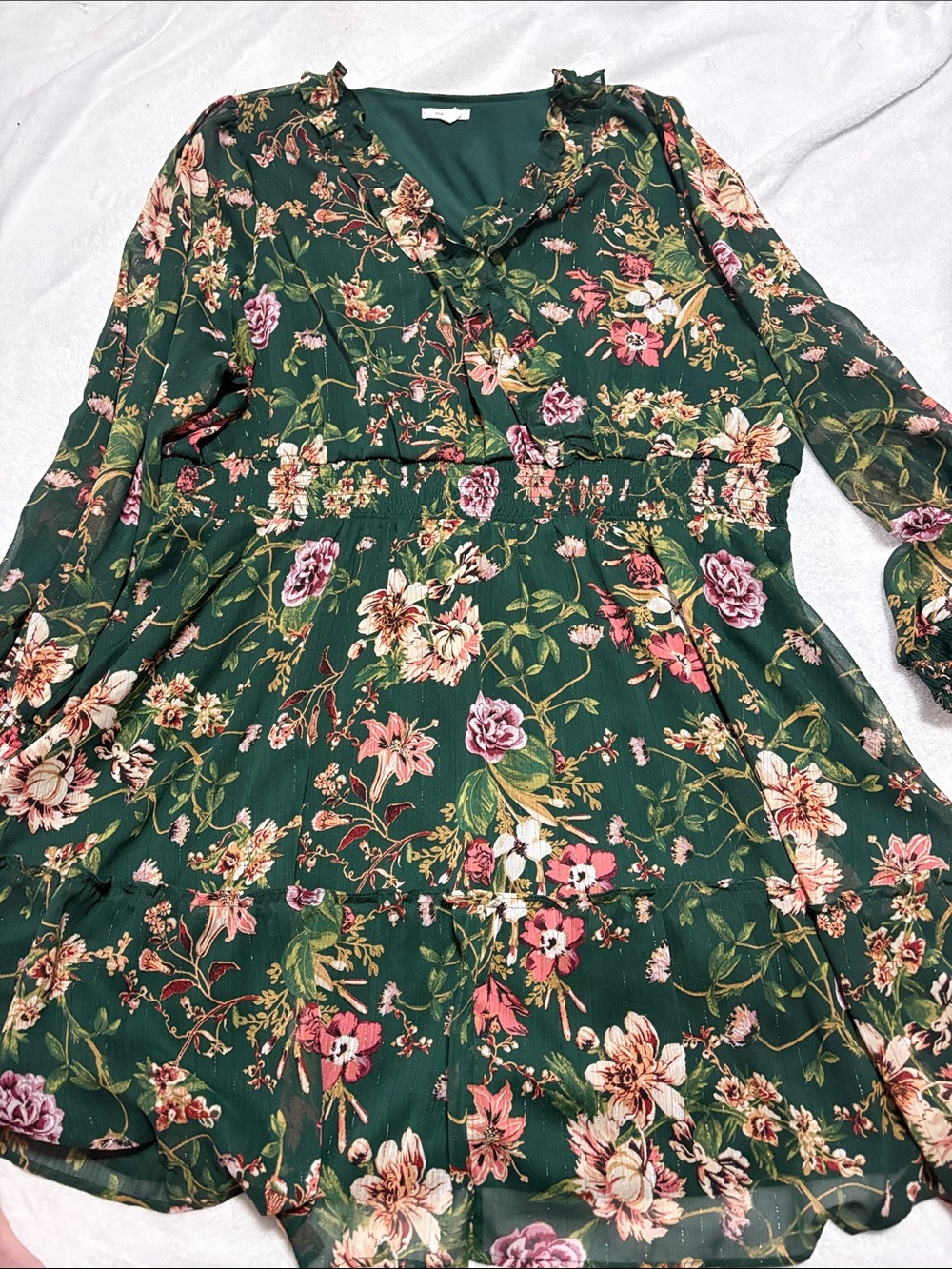 Maurices Dark Green Floral Long Sleeve Tie-Neck Dress